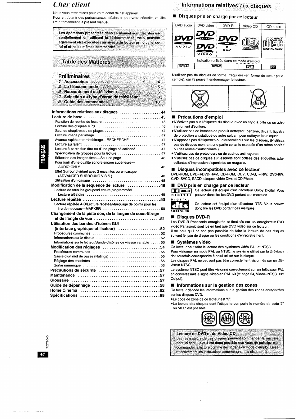 Préliminaires, Disques dvd-r, Systèmes vidéo | Informations sur la gestion des zones, Cher dient | Panasonic DVDRA61EG User Manual | Page 13 / 28