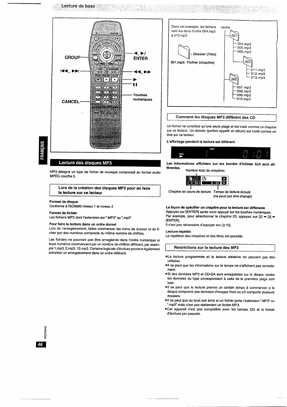Enter, Lecture des disques mp3 | Panasonic DVDRA61EG User Manual | Page 15 / 28