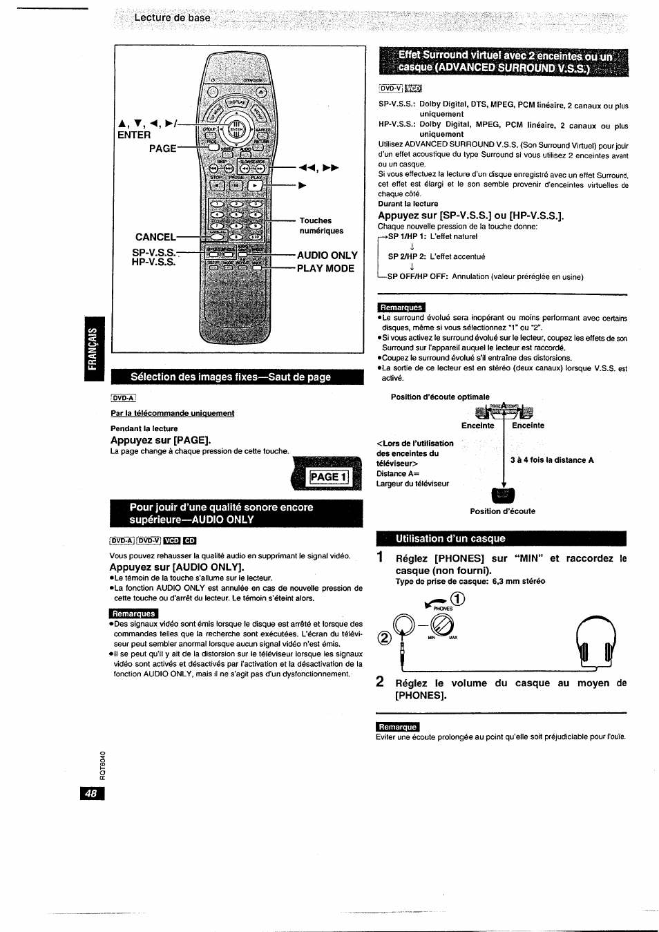 Appuyez sur [audio only, Appuyez sur [sp-v.s.s.] ou [hp-v.s.s, Utilisation d’un casque | 2 réglez le volume du casque au moyen de [phones | Panasonic DVDRA61EG User Manual | Page 17 / 28