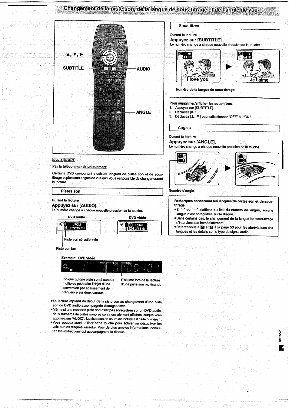 A, y, Audio, Pistes son | Appuyez sur [audio, Appuyez sur [subtitle, Appuyez sur [angle | Panasonic DVDRA61EG User Manual | Page 22 / 28