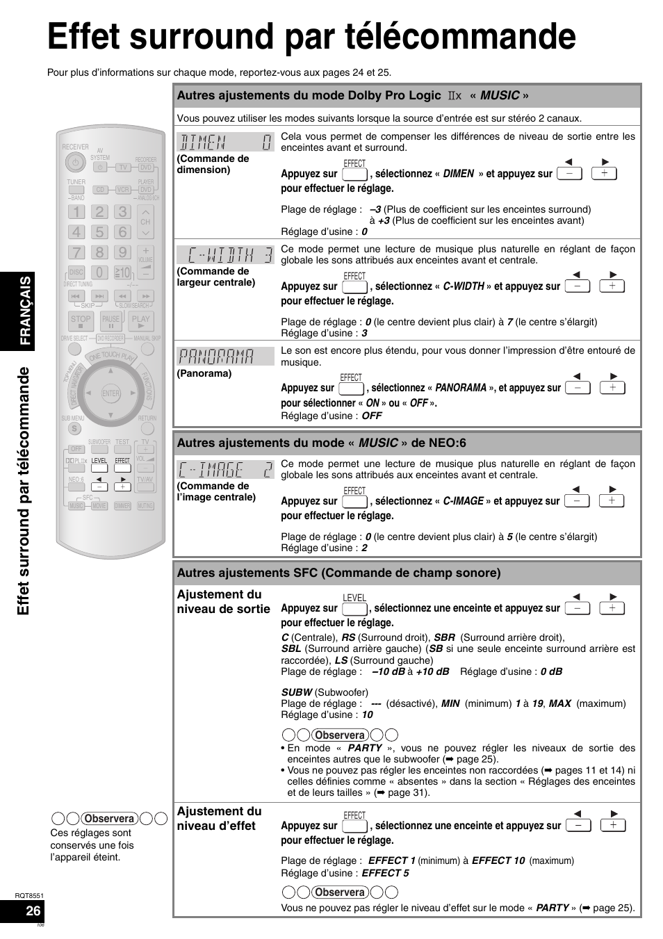Effet surround par télécommande, Effe t surr ound par té lécomm ande, Français | Autres ajustements du mode dolby pro logic « music, Autres ajustements du mode « music » de neo:6, Ajustement du niveau d’effet | Panasonic SAXR57 User Manual | Page 106 / 120