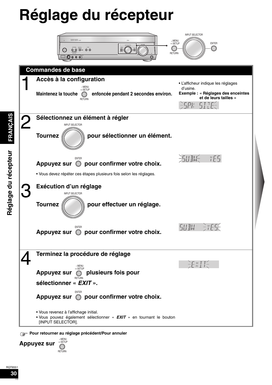 Réglage du récepteur, Régla g e du récepteur, Appuyez sur | Commandes de base, Accès à la configuration, Français | Panasonic SAXR57 User Manual | Page 110 / 120