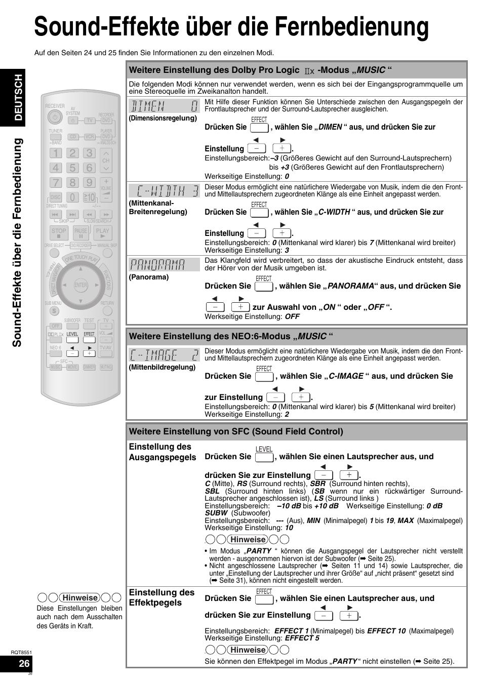 Sound-effekte über die fernbedienung, Soun d-effekte über di e fern bedienu n g, Deutsch | Weitere einstellung des neo:6-modus „ music, Einstellung des effektpegels | Panasonic SAXR57 User Manual | Page 26 / 120