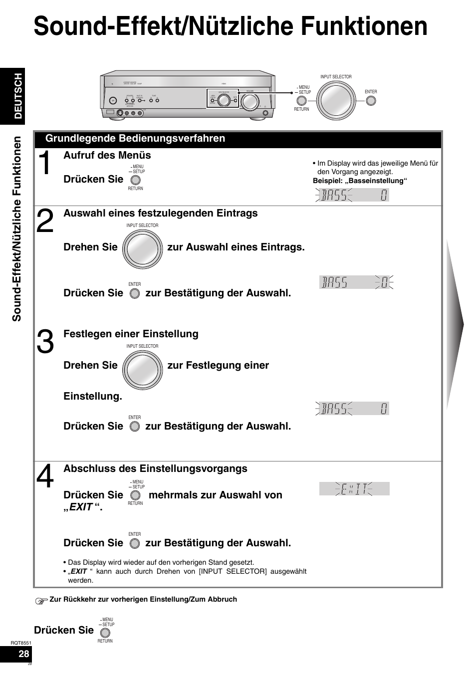 Sound-effekt/nützliche funktionen, Soun d-effekt/nütz liche funkti onen, Drücken sie | Grundlegende bedienungsverfahren, Aufruf des menüs drücken sie, Deutsch | Panasonic SAXR57 User Manual | Page 28 / 120