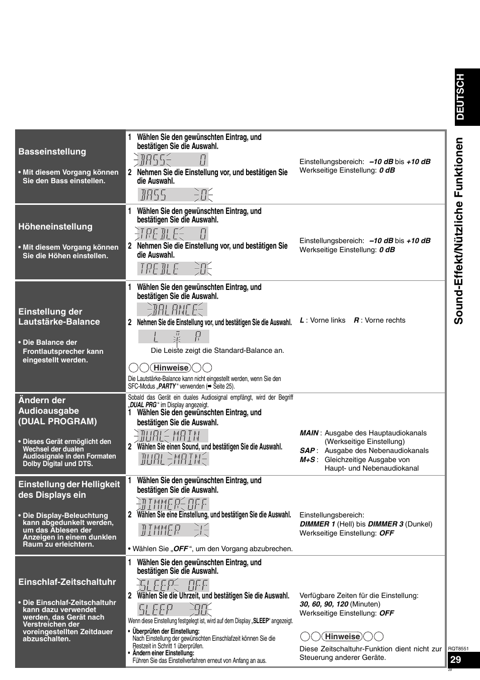 Soun d-effekt/nütz liche funkti onen, Vor de r inbetri ebna h, Deutsch | Panasonic SAXR57 User Manual | Page 29 / 120