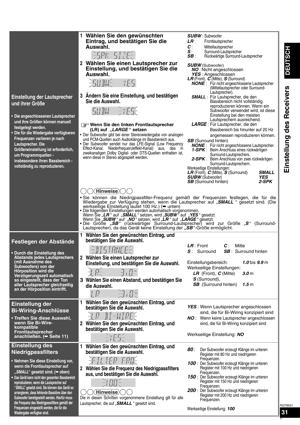 Einstellung des receivers, Vor de r inbetri ebna h, Deutsch | Panasonic SAXR57 User Manual | Page 31 / 120