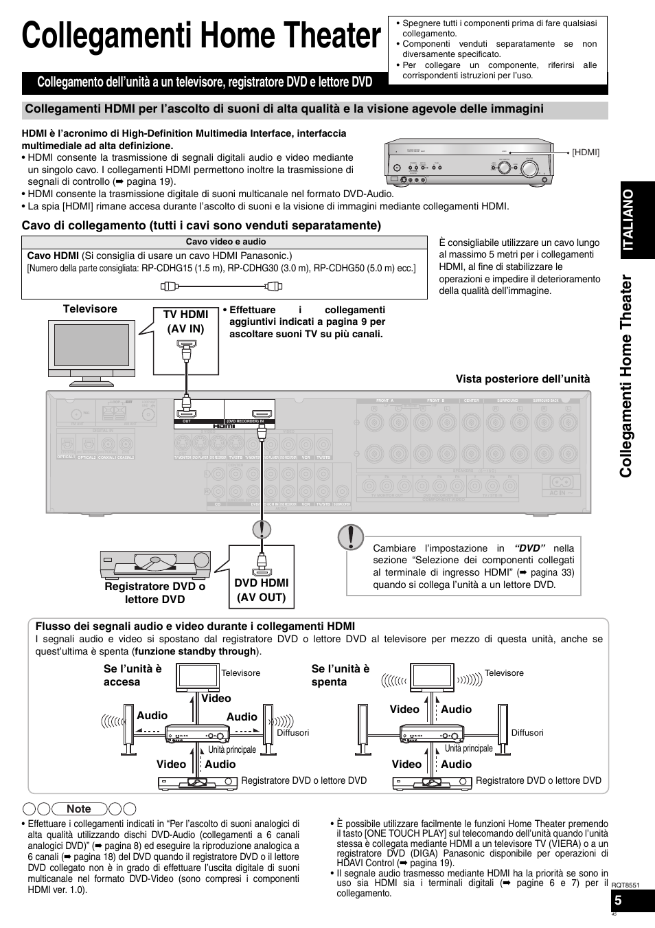Collegamenti home theater, Col legam enti ho m e theate r, Italiano | Televisore, Audio video audio video audio video, S video in video in l audio in r, Unità principale registratore dvd o lettore dvd | Panasonic SAXR57 User Manual | Page 45 / 120