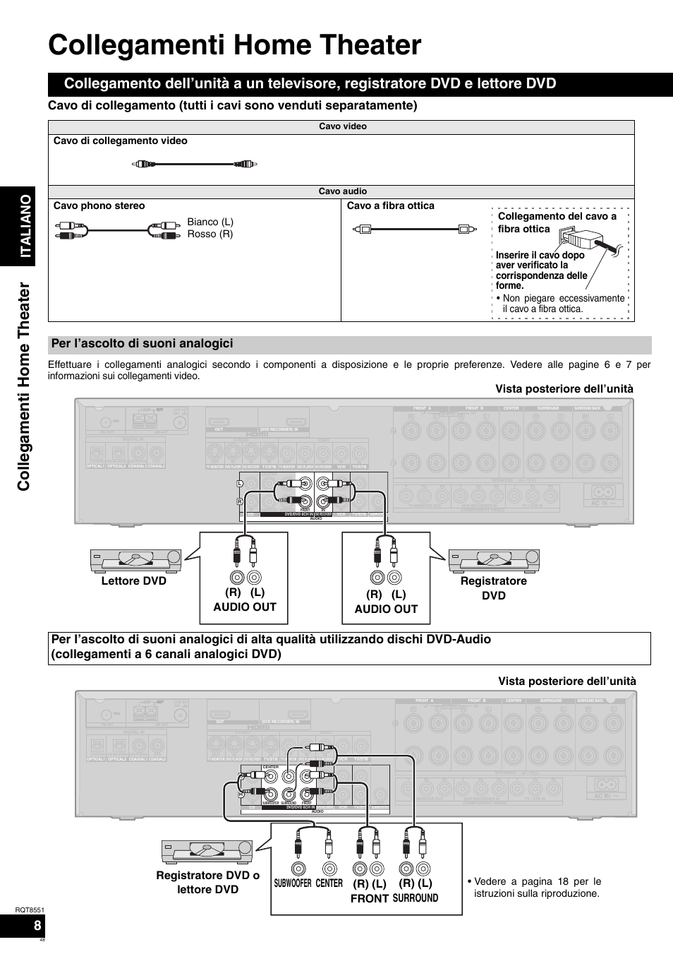 Collegamenti home theater, Col legam enti ho m e theate r, Italiano | Per l’ascolto di suoni analogici, Cavo di collegamento video, Cavo video, Cavo audio | Panasonic SAXR57 User Manual | Page 48 / 120