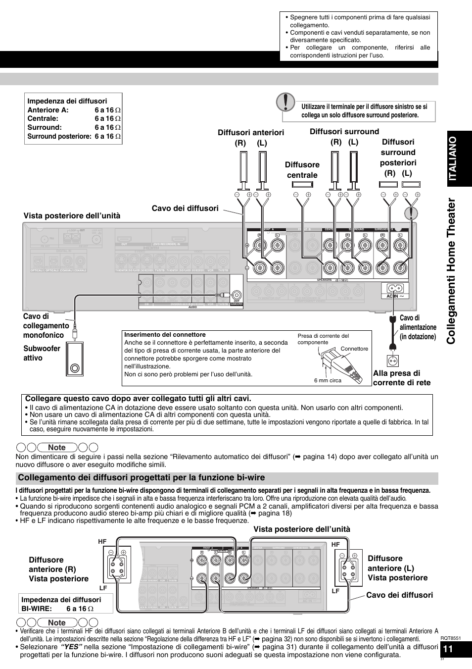 Col legam enti ho m e theate r, Italiano, Cavo dei diffusori | Impedenza dei diffusori bi-wire: 6 a 16 ω, Hf lf lf | Panasonic SAXR57 User Manual | Page 51 / 120