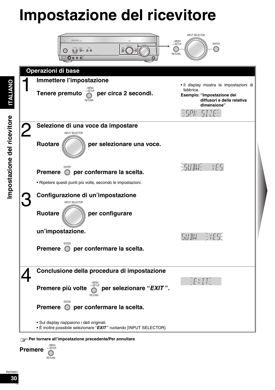 Impostazione del ricevitore, Premere, Operazioni di base | Panasonic SAXR57 User Manual | Page 70 / 120