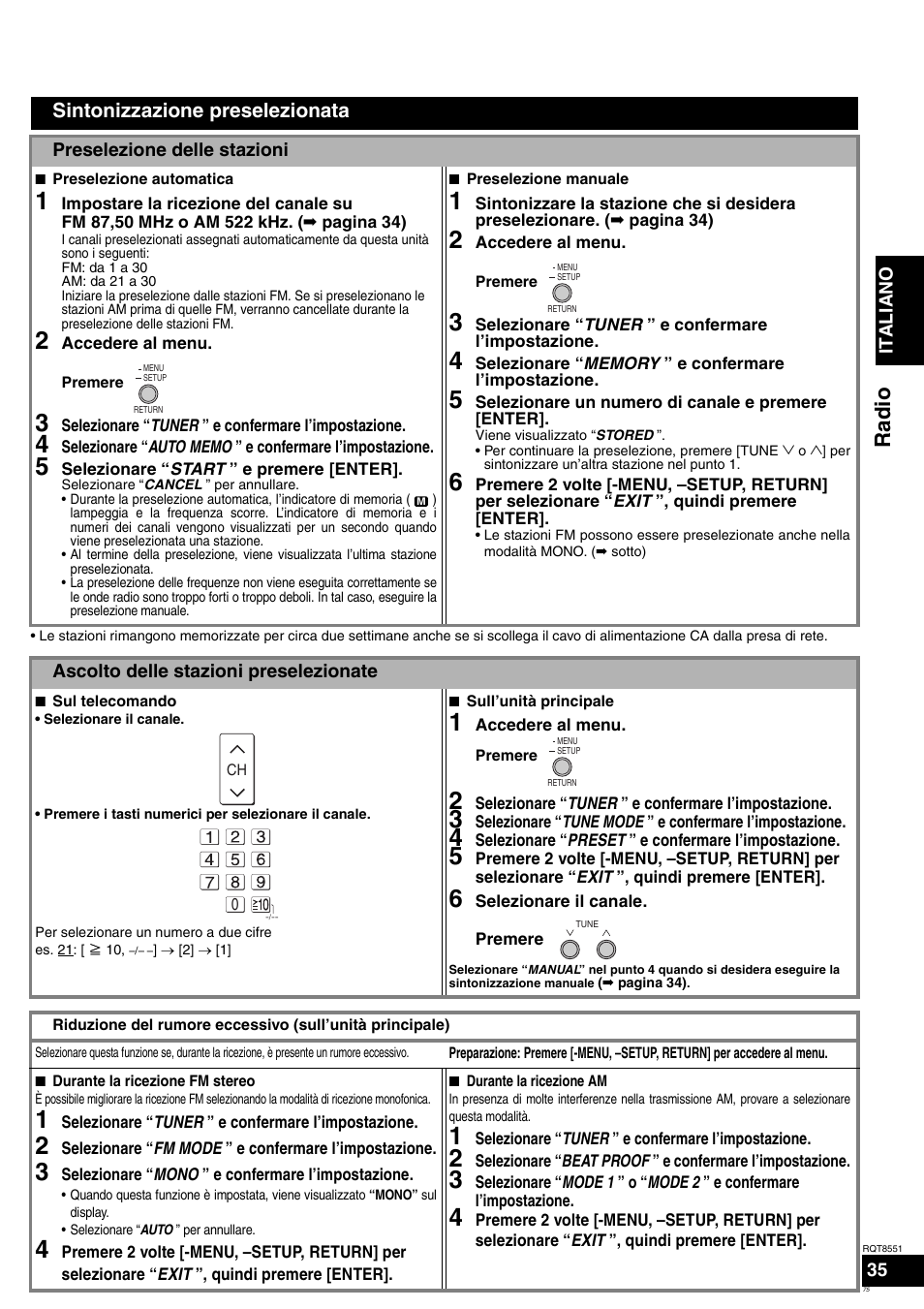Radio, Sintonizzazione preselezionata | Panasonic SAXR57 User Manual | Page 75 / 120