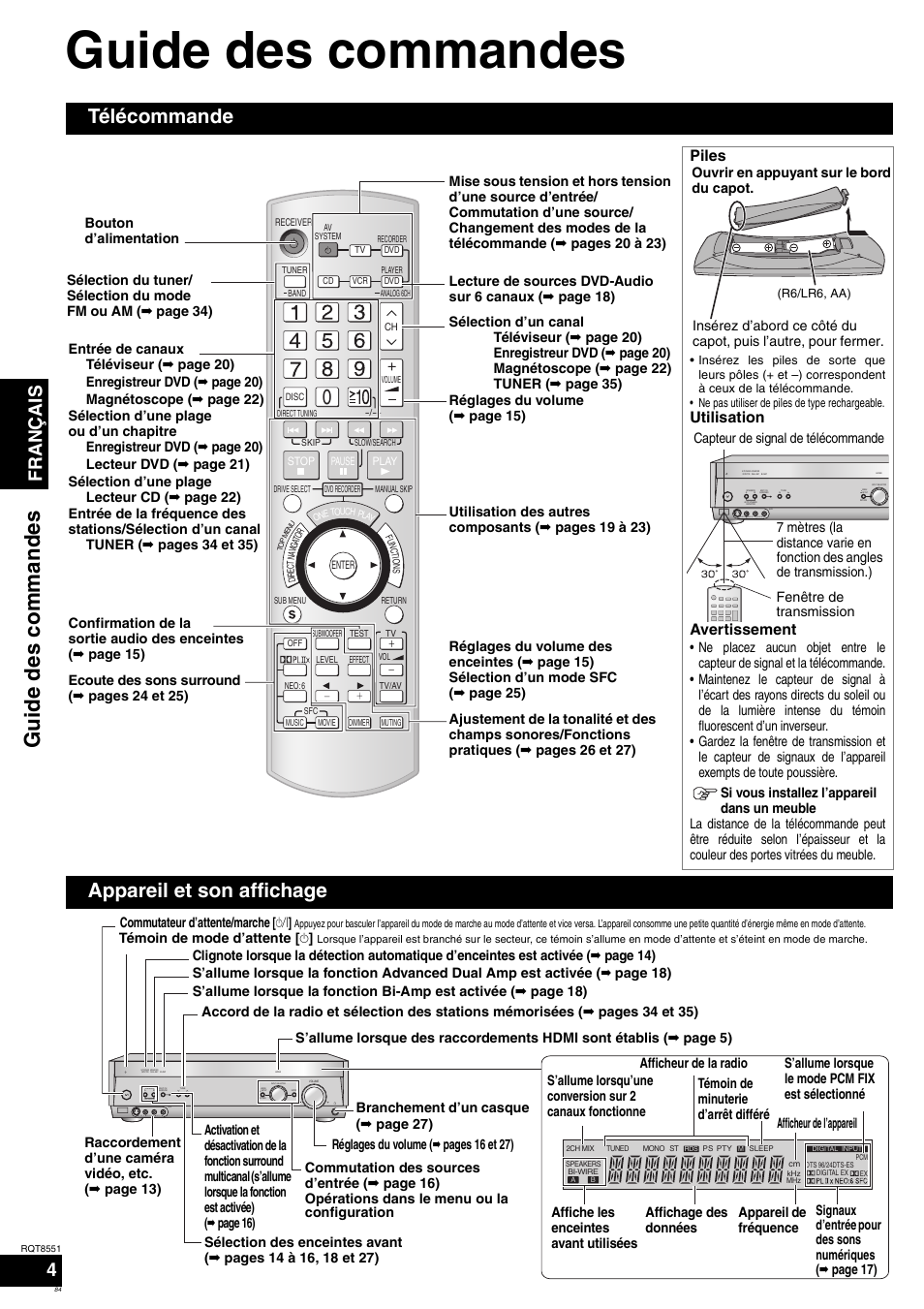 Guide des commandes, Gu id e des comm and es, Télécommande | Appareil et son affichage, Français, Piles, Utilisation avertissement | Panasonic SAXR57 User Manual | Page 84 / 120