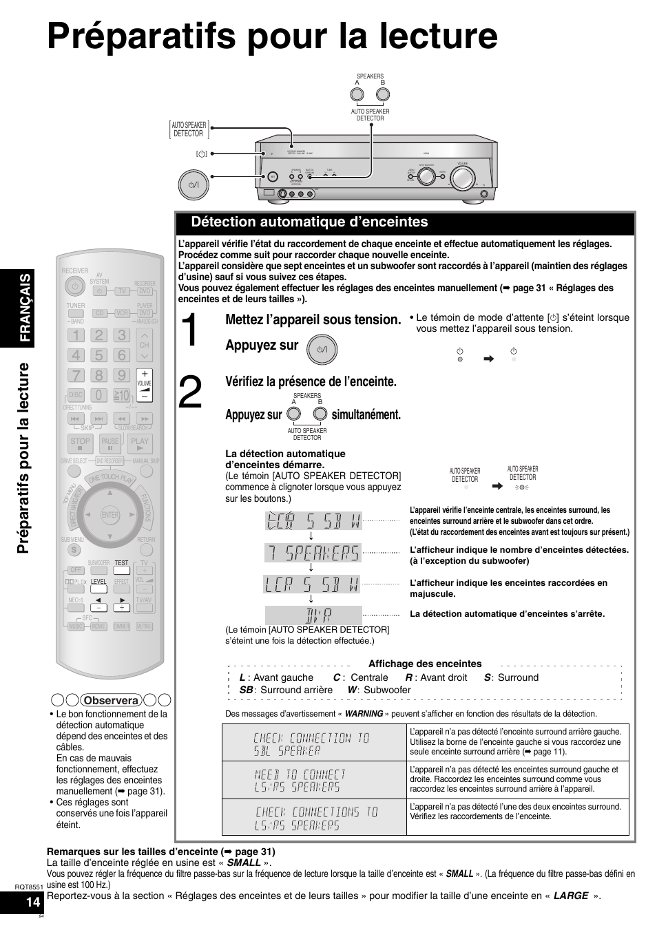 Préparatifs pour la lecture, Prépar at if s pour la lecture, Détection automatique d’enceintes | Mettez l’appareil sous tension. appuyez sur, Français, Observera | Panasonic SAXR57 User Manual | Page 94 / 120