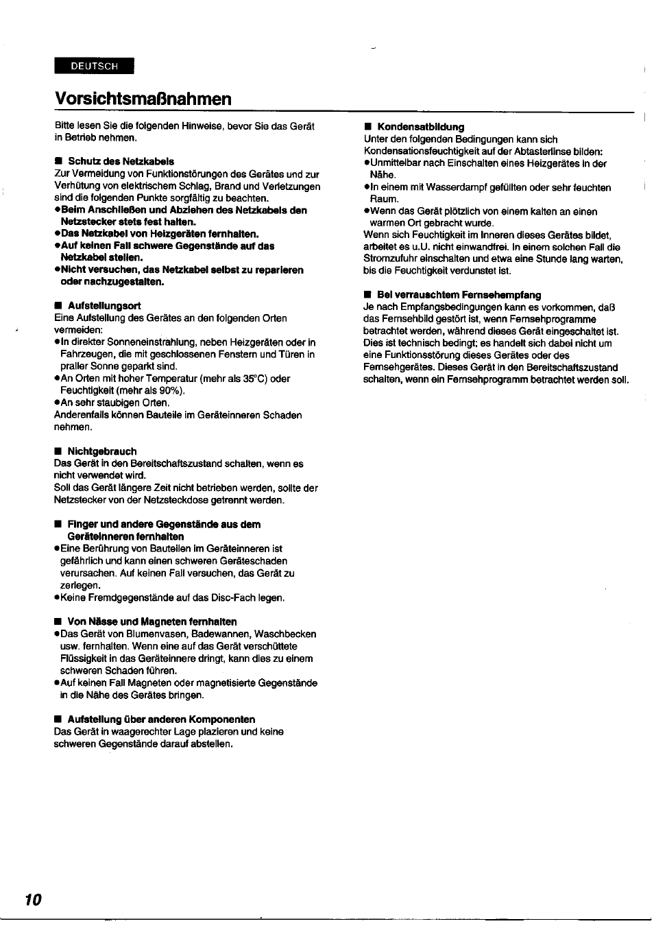 Vorsichtsmaßnahmen | Panasonic DVDA100 User Manual | Page 10 / 96