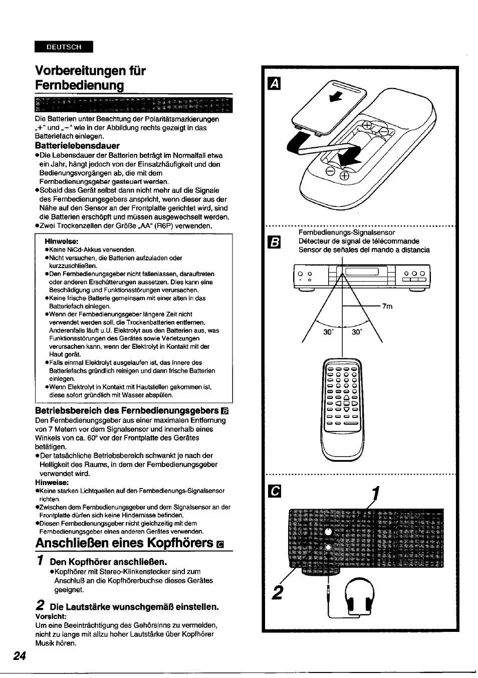 Vorbereitungen für fernbedienung, Anschließen eines kopfhörers a, Anschließen eines kopfhörers | Anschließen eines kopfhörers a 7 | Panasonic DVDA100 User Manual | Page 24 / 96
