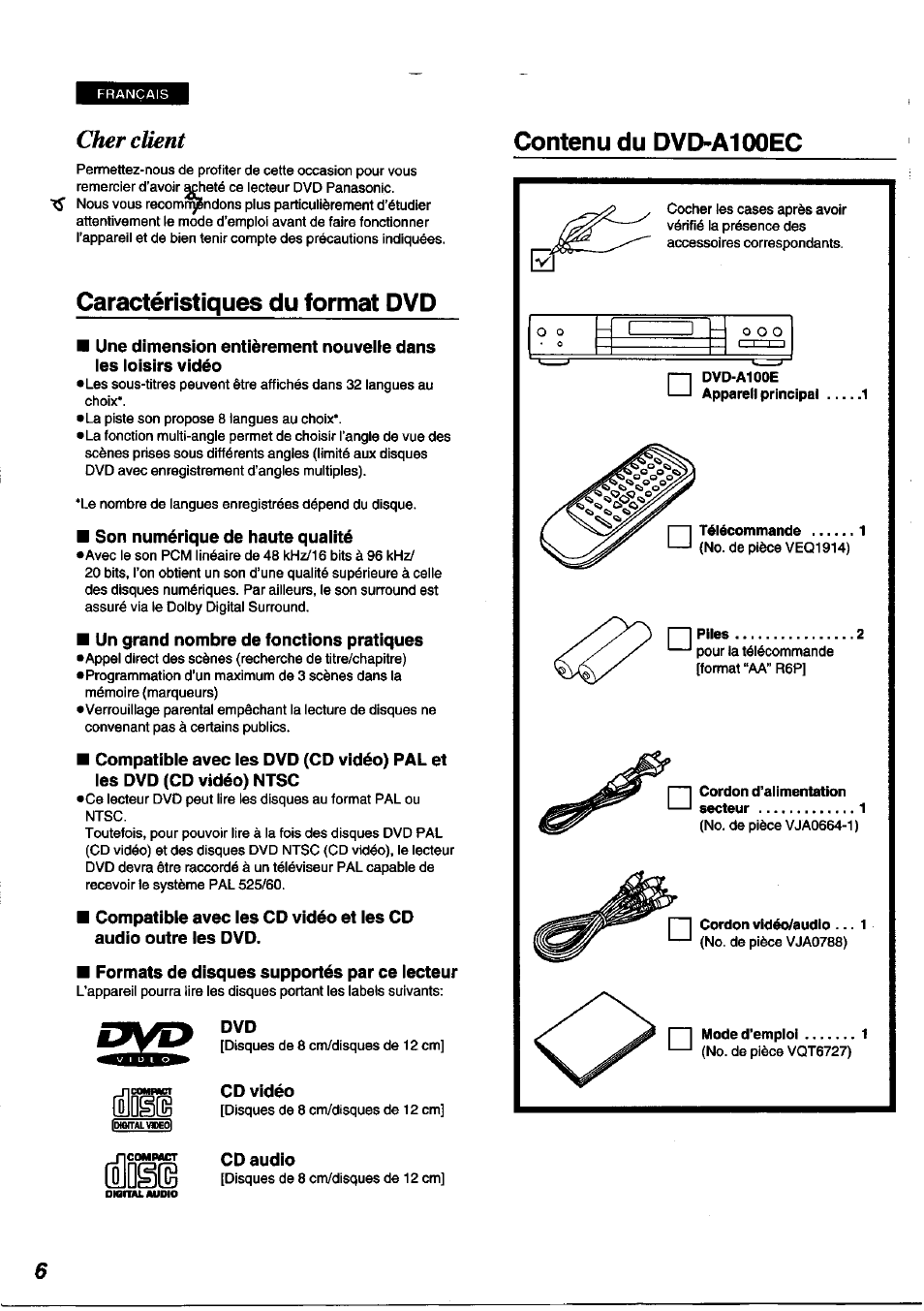 Caractéristiques du format dvd, Contenu du dvd-a100ec, Cher client | O]d§(g, Jd§(b | Panasonic DVDA100 User Manual | Page 6 / 96