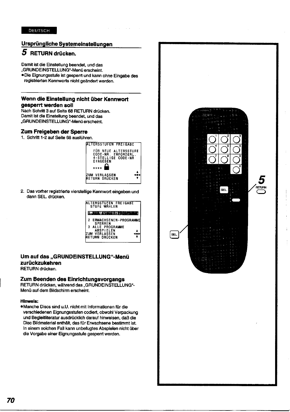 Return drücken, Zum freigeben der sperre, Um auf das „grundeinstellung“-menü zurückzukehren | Zum beenden des einrichtungsvorgangs | Panasonic DVDA100 User Manual | Page 70 / 96