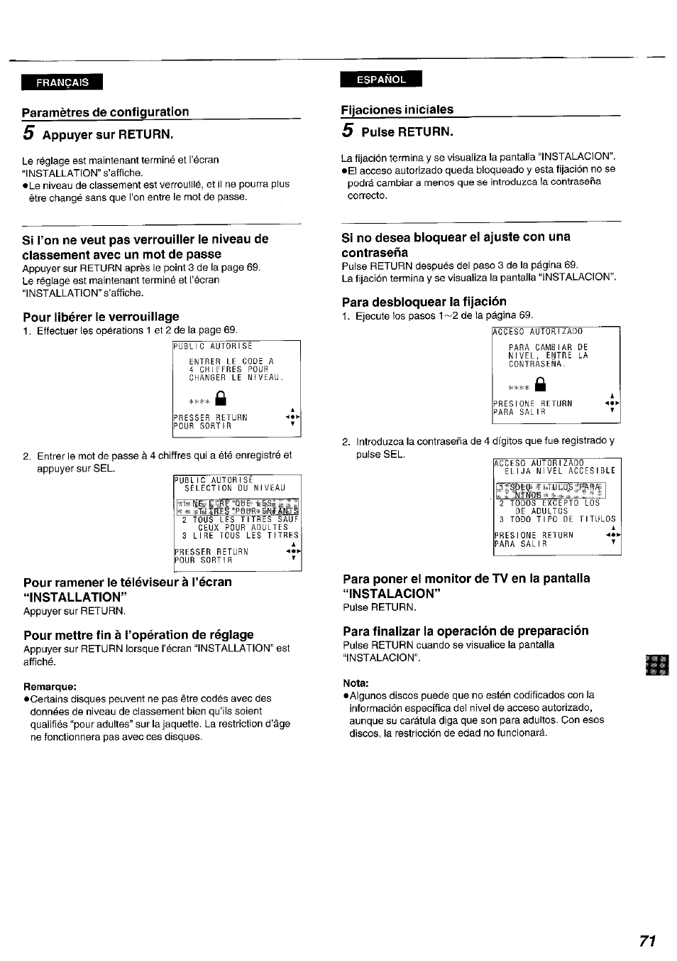 Français, Paramètres de configuration, 5 appuyer sur return | Fijaciones inicíales, 5 puise return, Pour iibérer ie verrouiliage, Pour ramener ie téiéviseur à i’écran, Installation, Pour mettre fin à l’opération de réglage, Remarque | Panasonic DVDA100 User Manual | Page 71 / 96