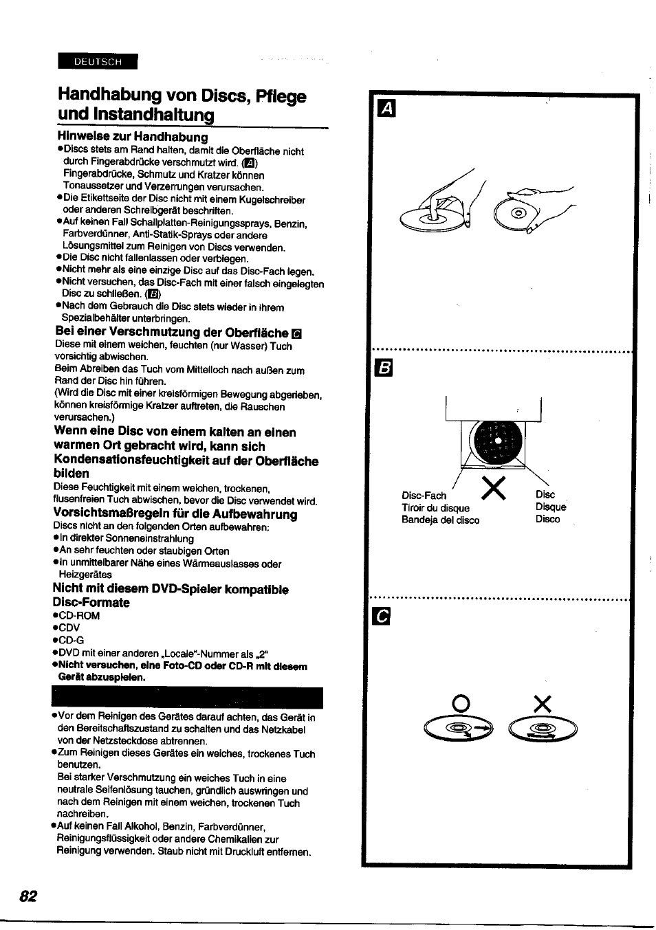 Handhabung von discs, pflege und instandhaltung | Panasonic DVDA100 User Manual | Page 82 / 96