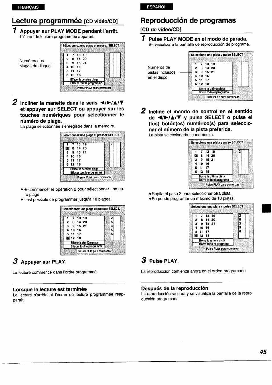 Lecture programmée [cd vidéo/cp, Reproducción de programas, Lecture programmée | Cd vidéo/cd, Vidéo/cp, Appuyer sur play mode pendant l’arrêt, 3 appuyer sur play, Cd de vídeo/cd, Pulse play mode en el modo de parada, Puise play | Panasonic DVDA350 User Manual | Page 45 / 96
