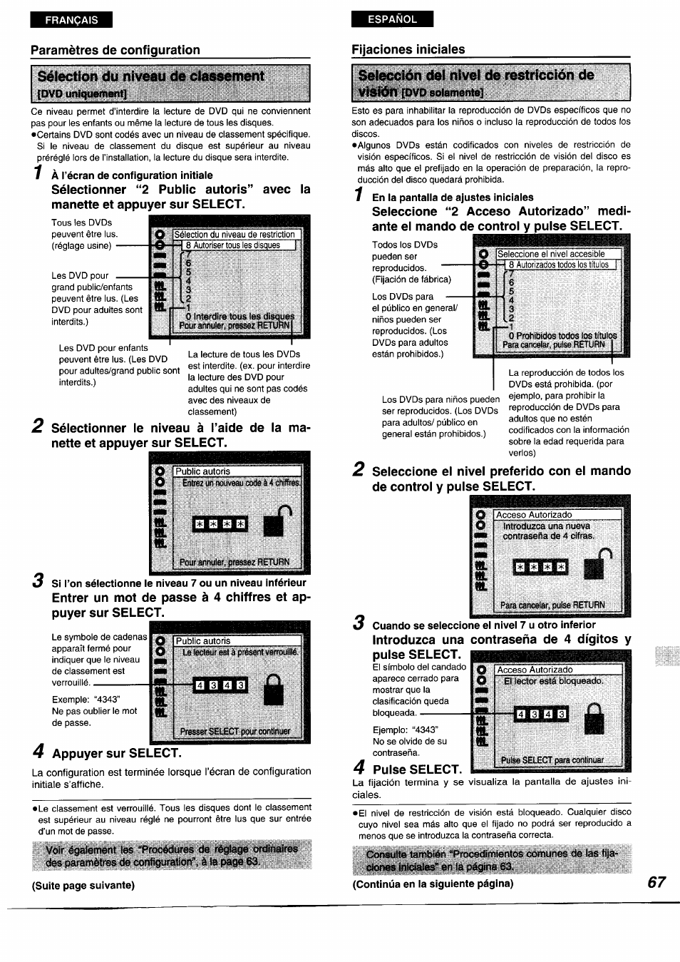 7 en la pantalla de ajustes iniciales, Œehi, Visión | Avec la, Appuyer sur select, E3 e3 еэ, Pulse select | Panasonic DVDA350 User Manual | Page 67 / 96