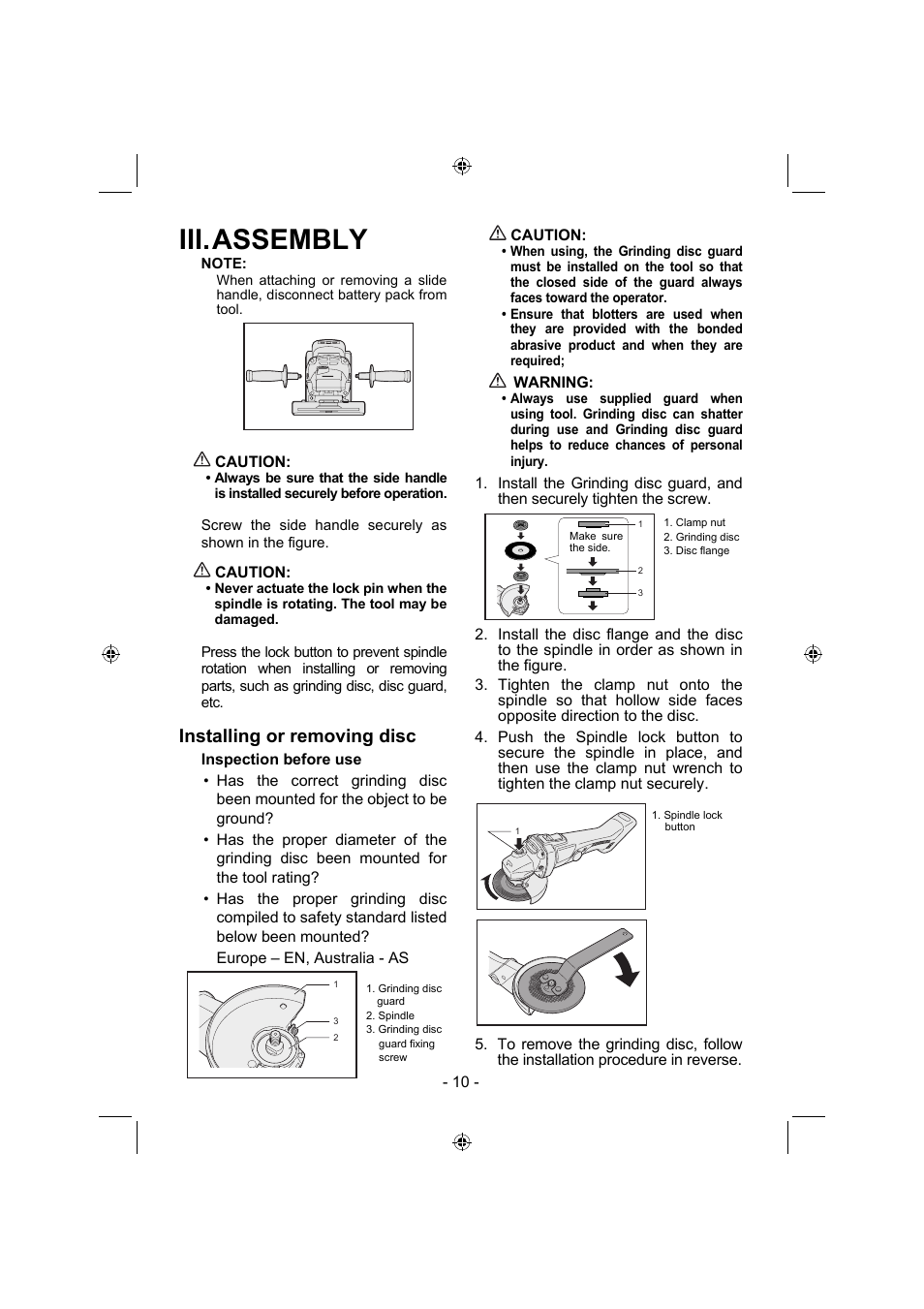 Iii. assembly, Installing or removing disc | Panasonic EY4640 User Manual | Page 10 / 196