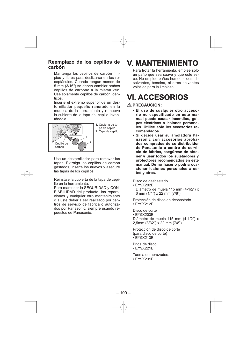 V. mantenimiento, Vi. accesorios, Reemplazo de los cepillos de carbón | Panasonic EY4640 User Manual | Page 100 / 196