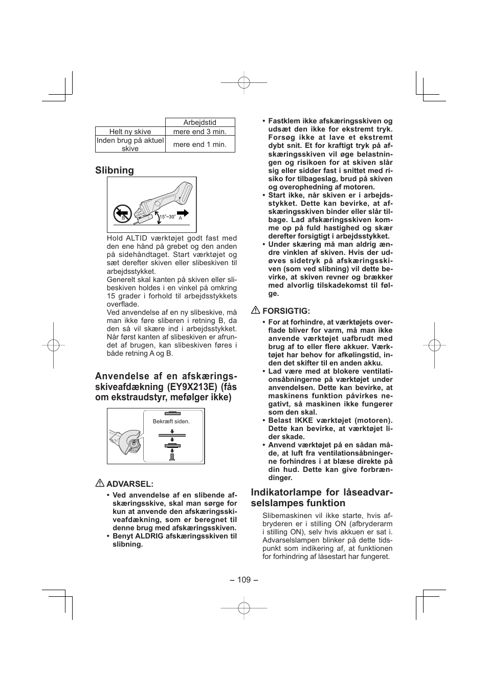 Slibning, Indikatorlampe for låseadvar- selslampes funktion | Panasonic EY4640 User Manual | Page 109 / 196