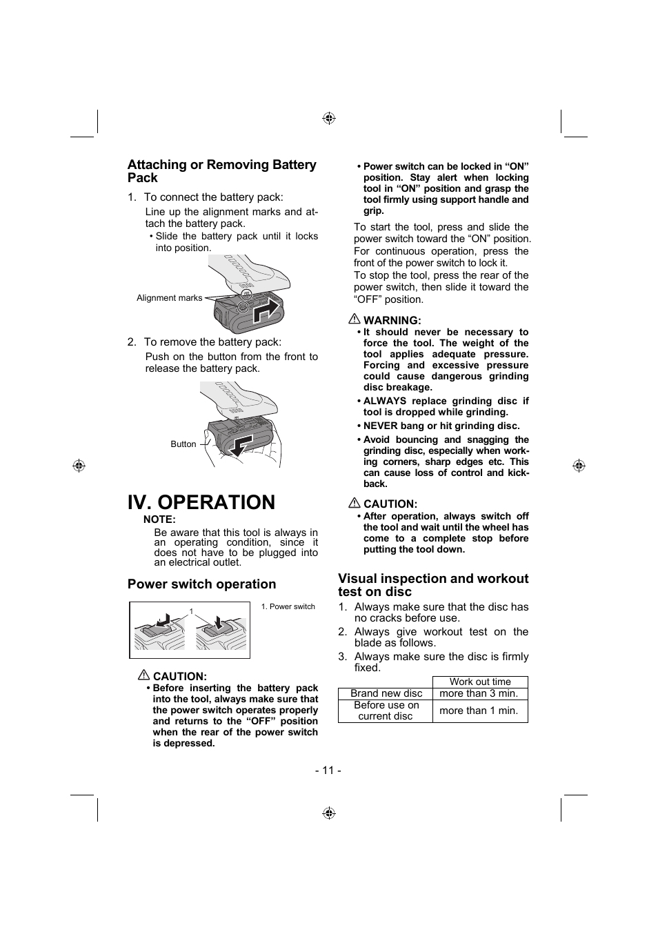 Iv. operation, Attaching or removing battery pack, Power switch operation | Visual inspection and workout test on disc | Panasonic EY4640 User Manual | Page 11 / 196