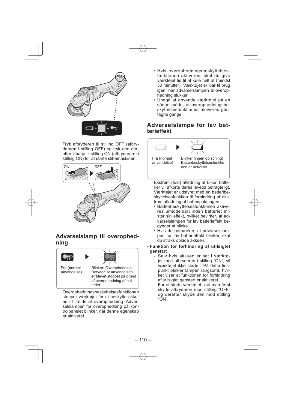 Advarselslamp til overophed- ning, Advarselslampe for lav bat- terieffekt | Panasonic EY4640 User Manual | Page 110 / 196
