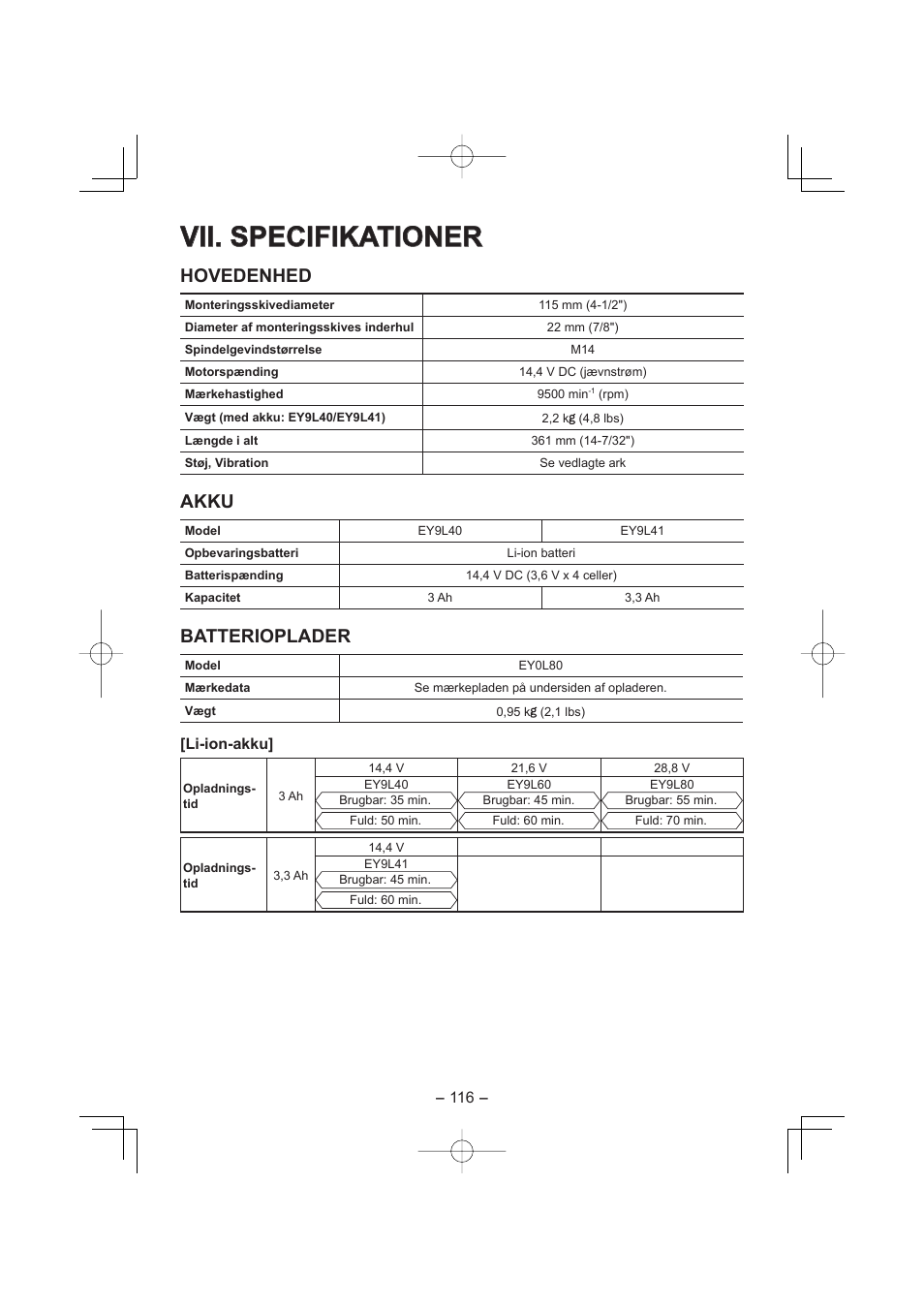 Vii. specifikationer, Hovedenhed, Akku | Batterioplader | Panasonic EY4640 User Manual | Page 116 / 196