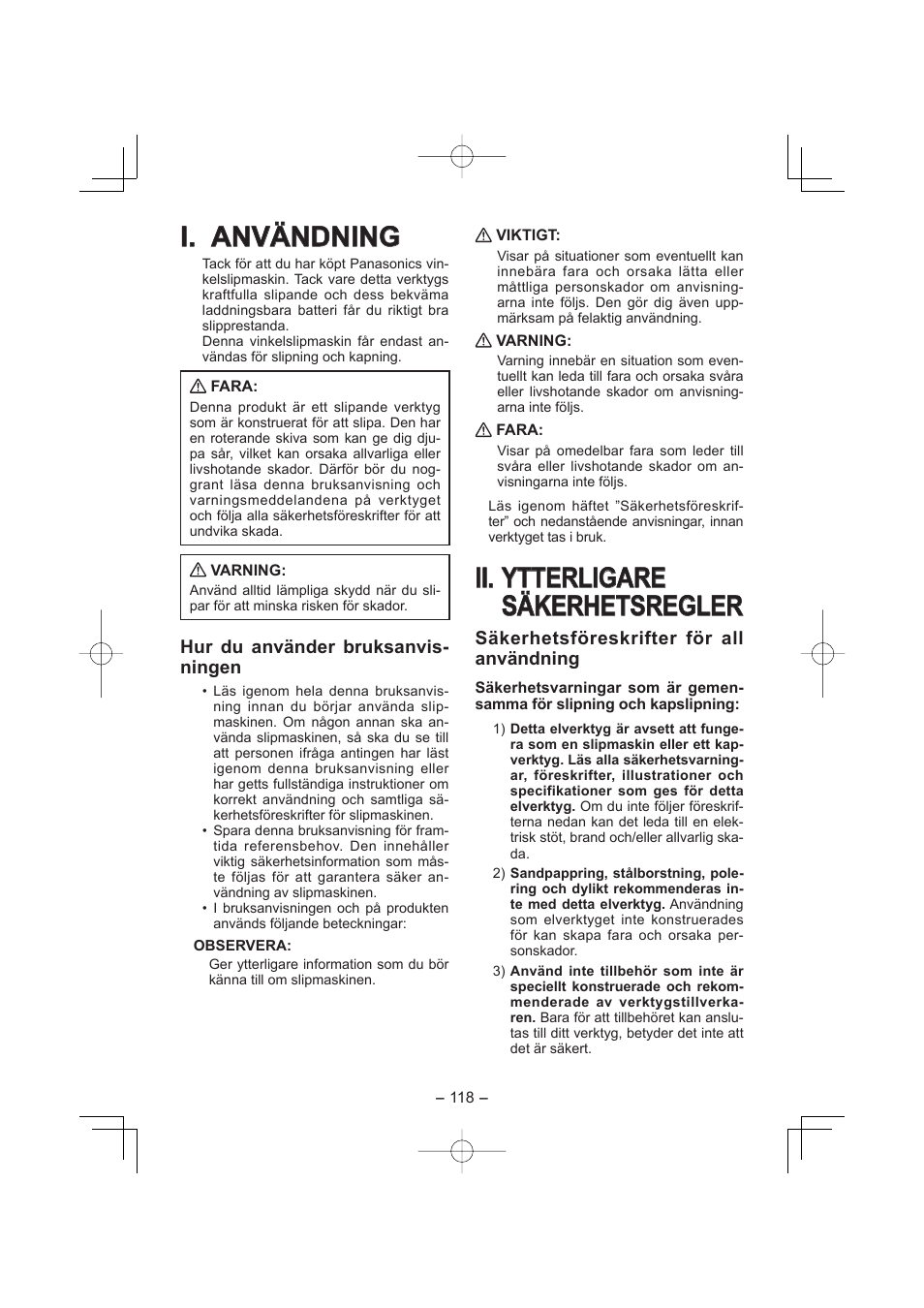 I. användning, Ii. ytterligare, Ii. ytterligare säkerhetsregler säkerhetsregler | Hur du använder bruksanvis- ningen, Säkerhetsföreskrifter för all användning | Panasonic EY4640 User Manual | Page 118 / 196