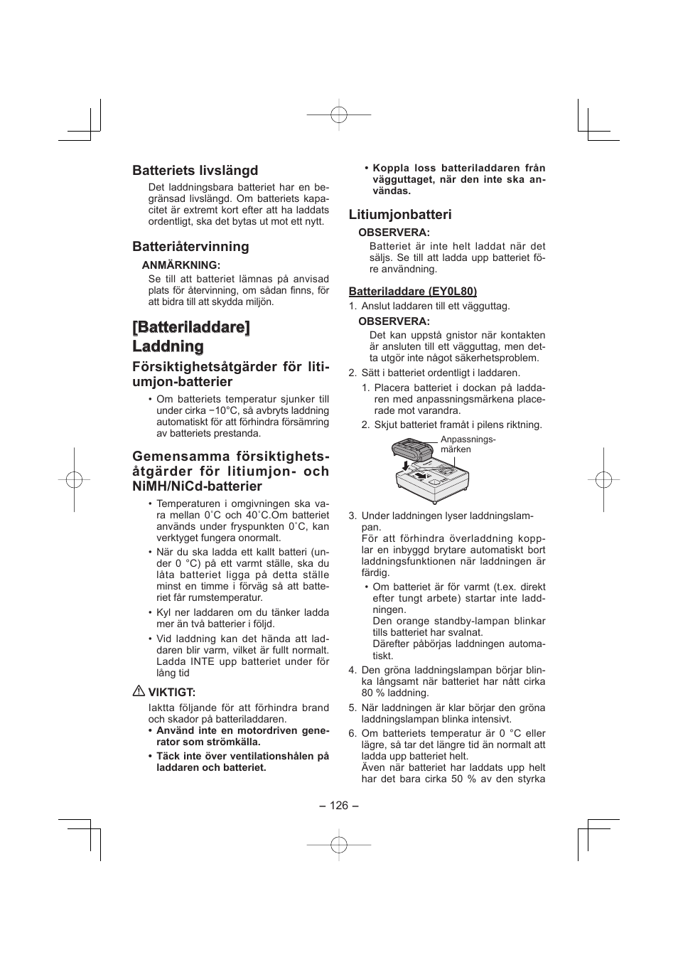 Batteriladdare] [batteriladdare] laddning laddning, Batteriets livslängd, Batteriåtervinning | Försiktighetsåtgärder för liti- umjon-batterier, Litiumjonbatteri | Panasonic EY4640 User Manual | Page 126 / 196