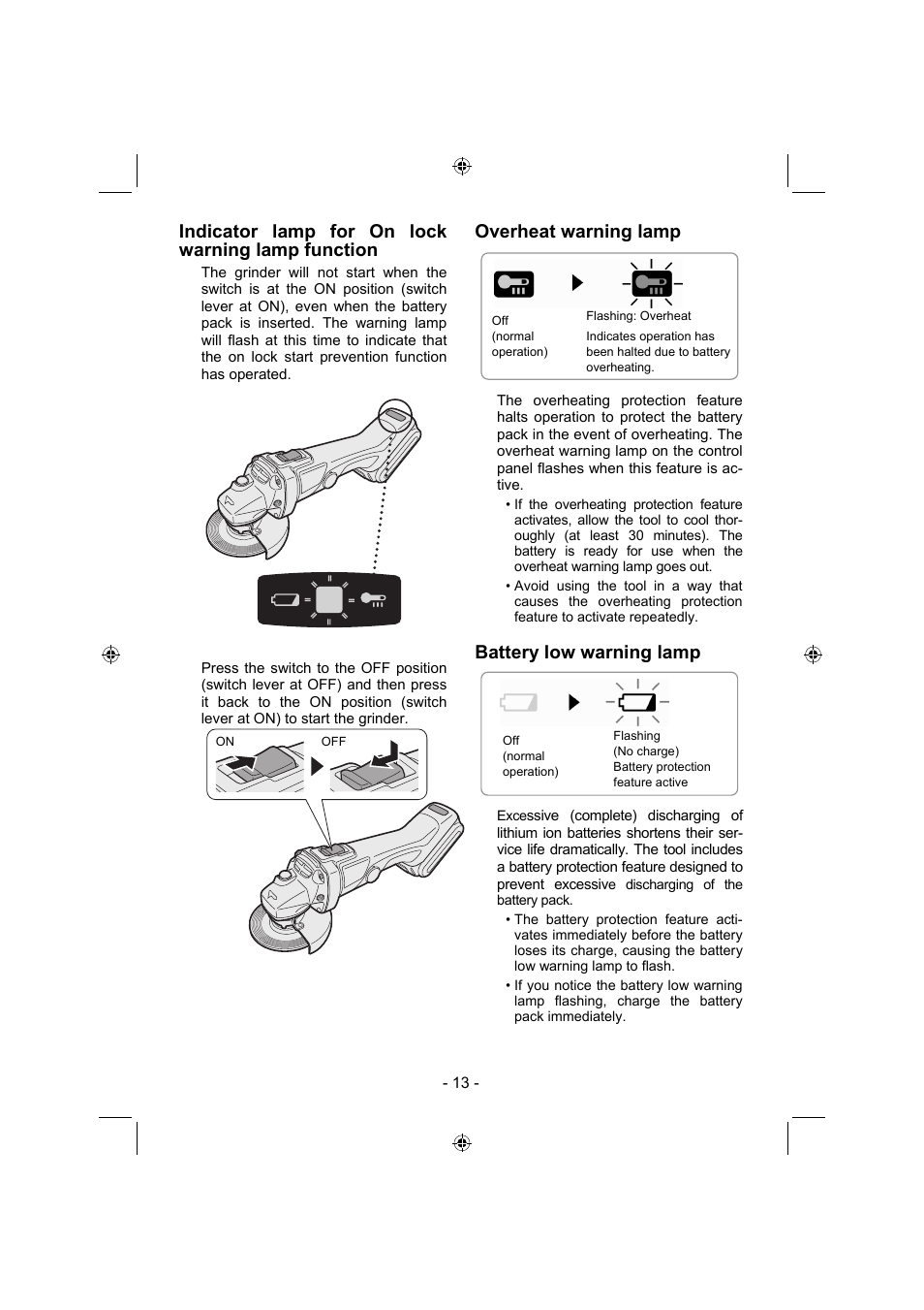 Indicator lamp for on lock warning lamp function, Overheat warning lamp, Battery low warning lamp | Panasonic EY4640 User Manual | Page 13 / 196