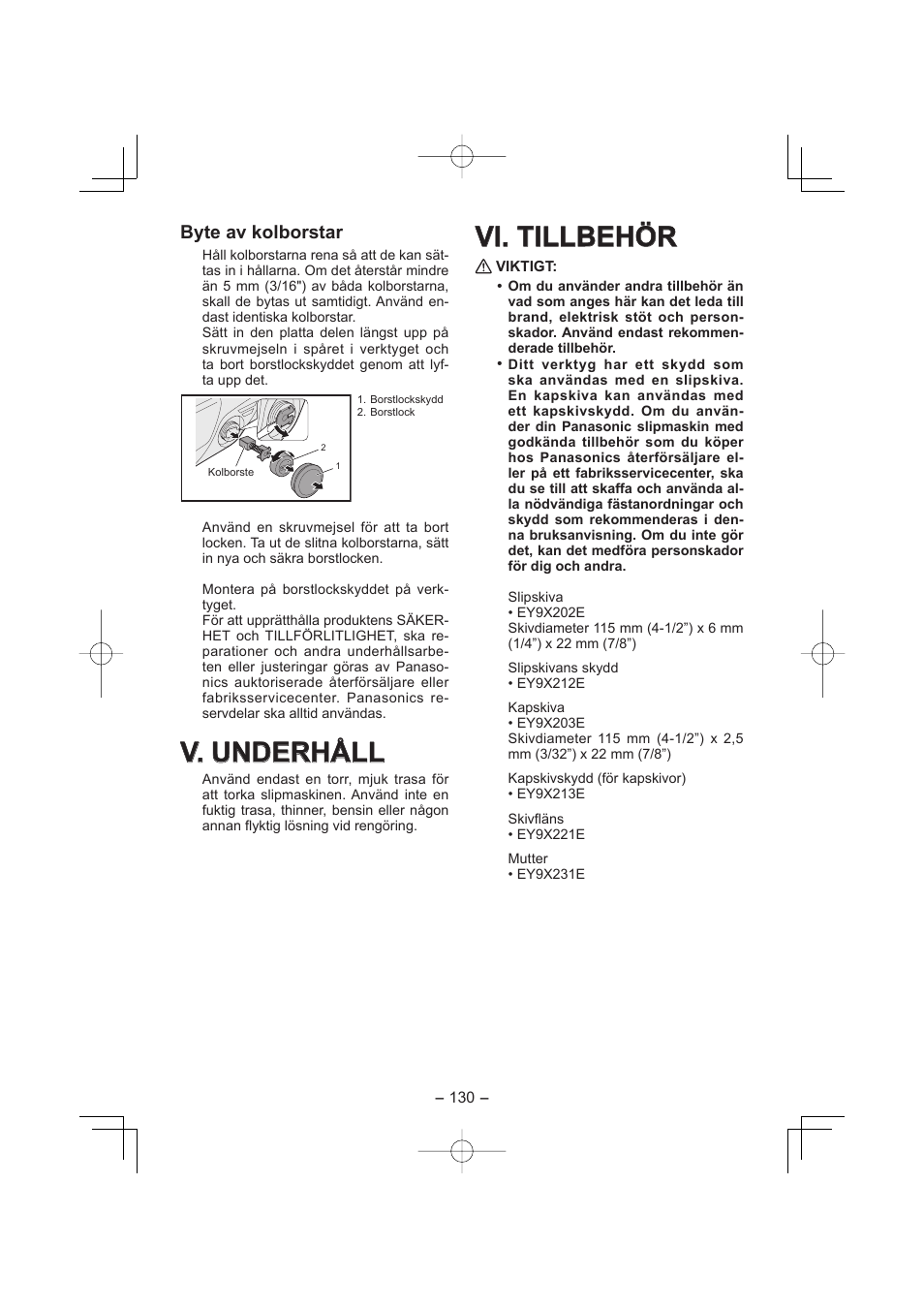V. underhåll, Vi. tillbehör, Byte av kolborstar | Panasonic EY4640 User Manual | Page 130 / 196