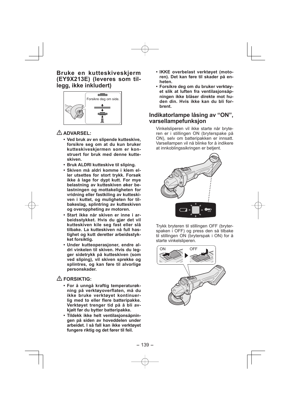 Indikatorlampe låsing av “on”, varsellampefunksjon | Panasonic EY4640 User Manual | Page 139 / 196