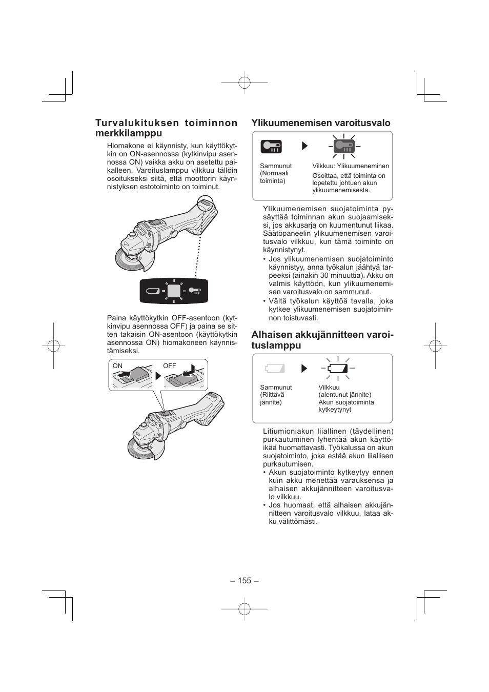 Turvalukituksen toiminnon merkkilamppu, Ylikuumenemisen varoitusvalo, Alhaisen akkujännitteen varoi- tuslamppu | Panasonic EY4640 User Manual | Page 155 / 196