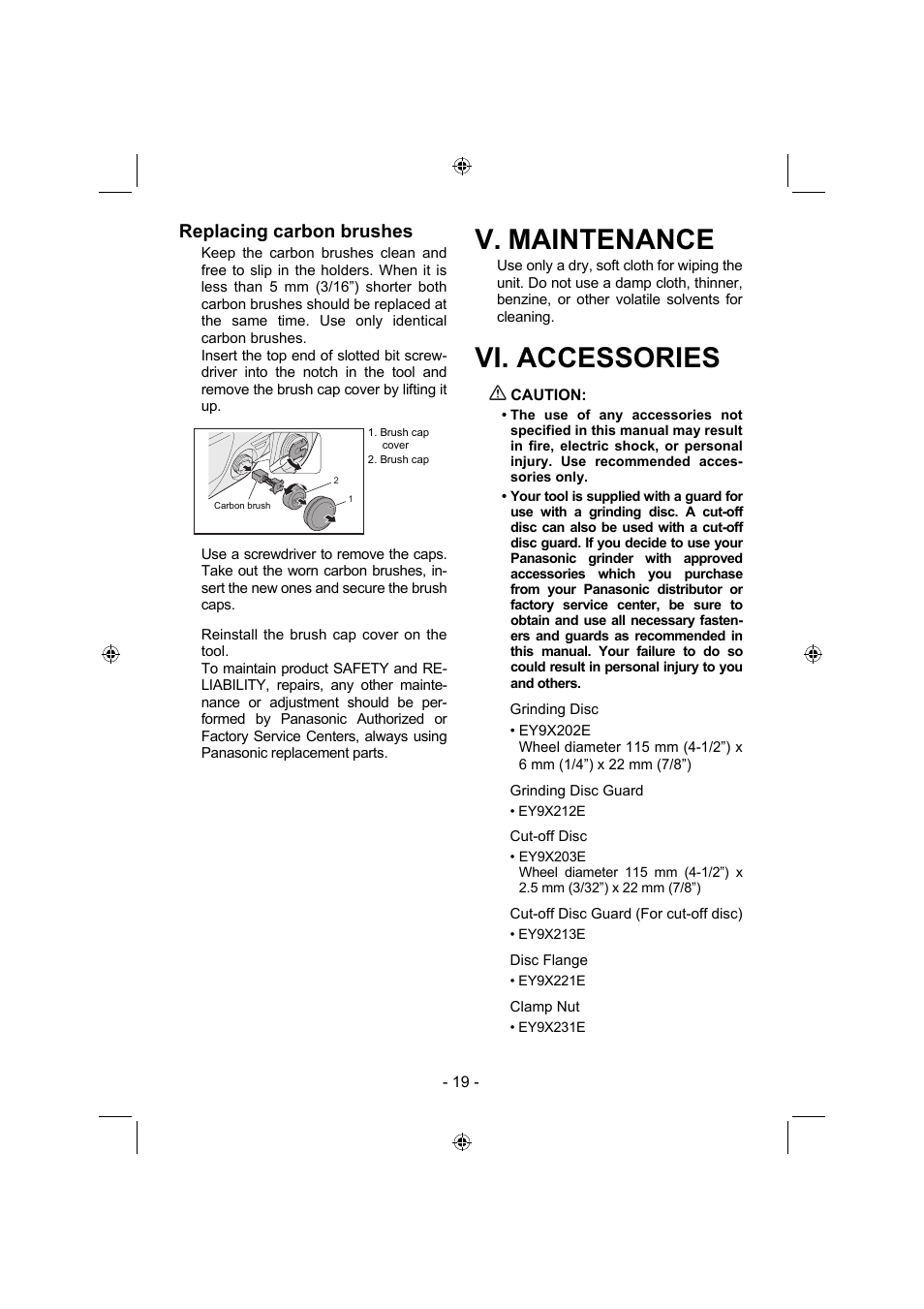 V. maintenance, Vi. accessories, Replacing carbon brushes | Panasonic EY4640 User Manual | Page 19 / 196