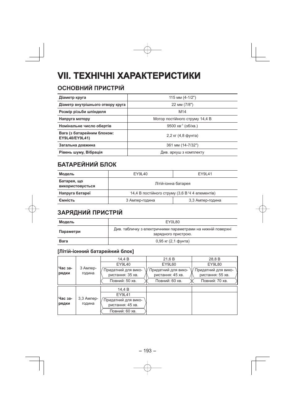 Vii. технічні характеристики, Основний пристрій, Батарейний блок | Зарядний пристрiй | Panasonic EY4640 User Manual | Page 193 / 196