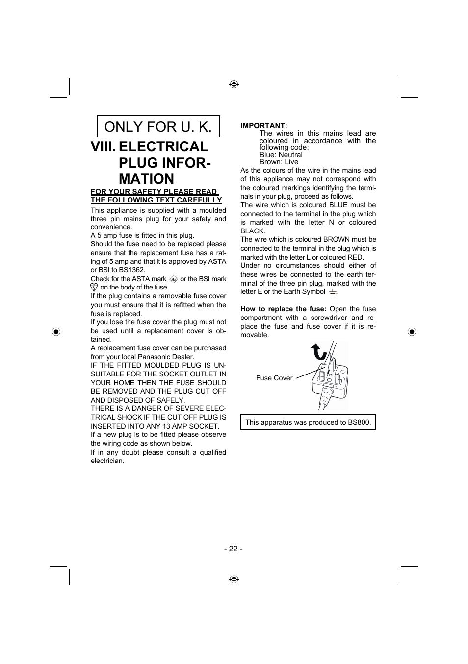 Viii. electrical plug infor- mation, Only for u. k | Panasonic EY4640 User Manual | Page 22 / 196