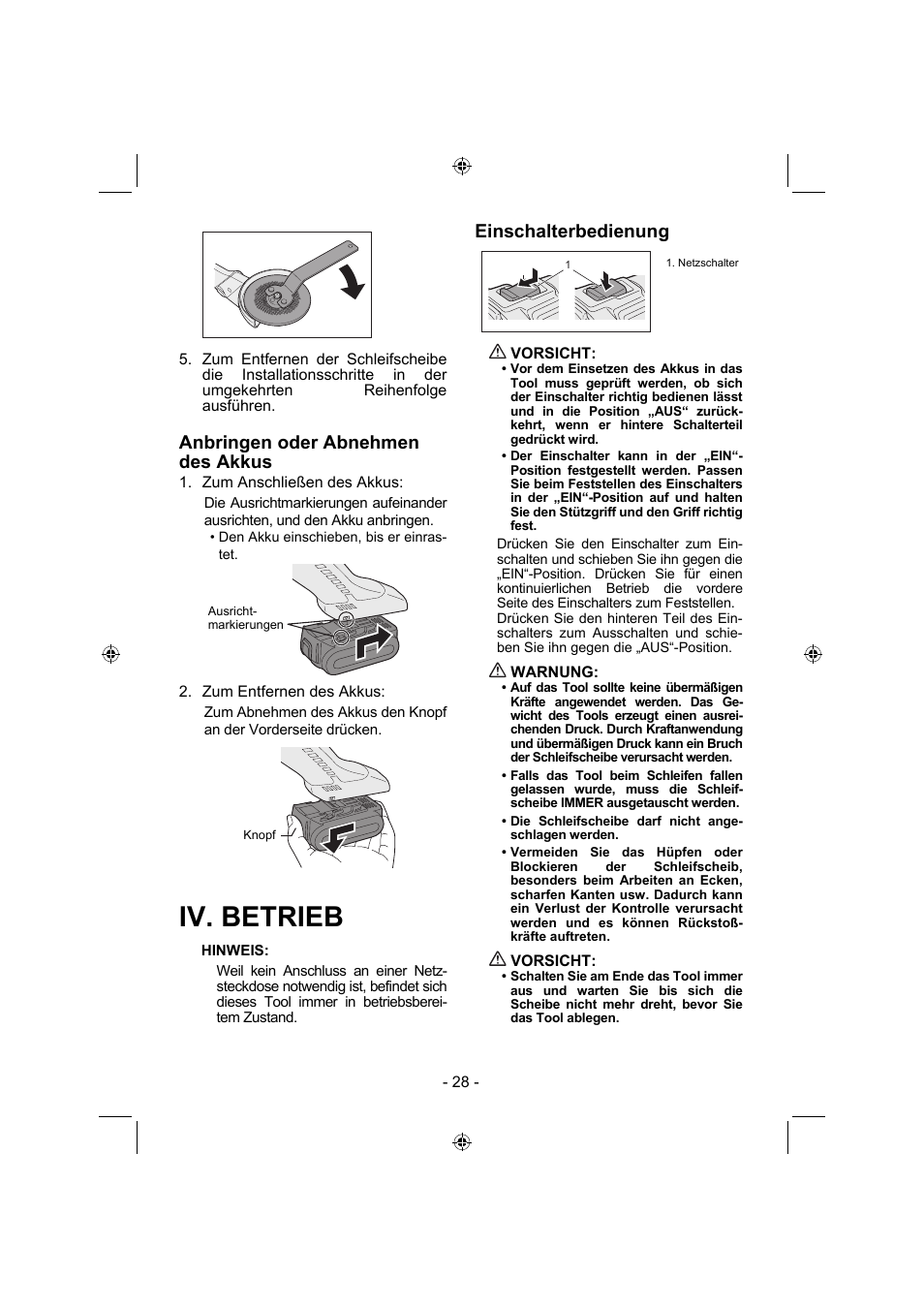 Iv. betrieb, Anbringen oder abnehmen des akkus, Einschalterbedienung | Panasonic EY4640 User Manual | Page 28 / 196
