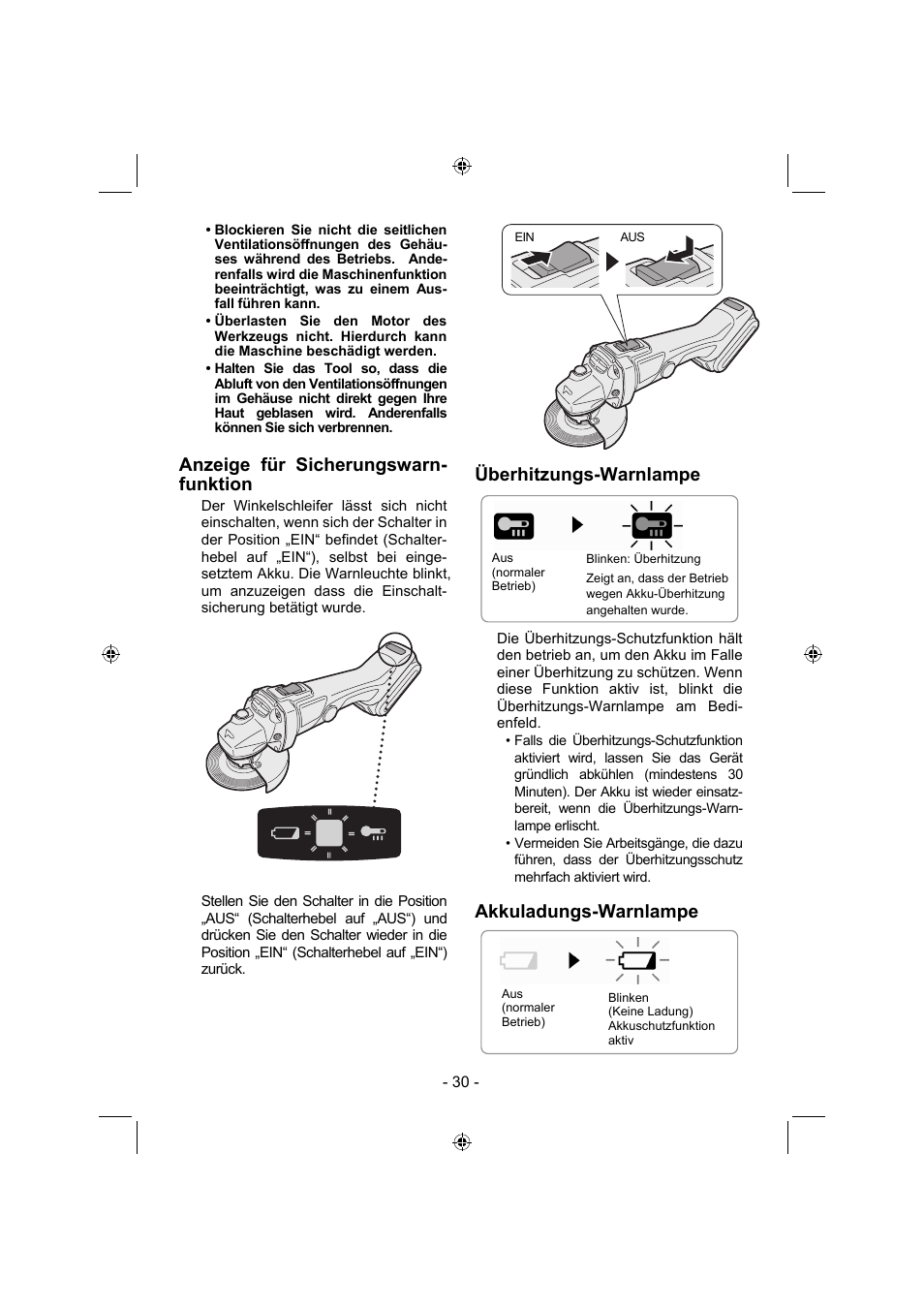 Anzeige für sicherungswarn- funktion, Überhitzungs-warnlampe, Akkuladungs-warnlampe | Panasonic EY4640 User Manual | Page 30 / 196