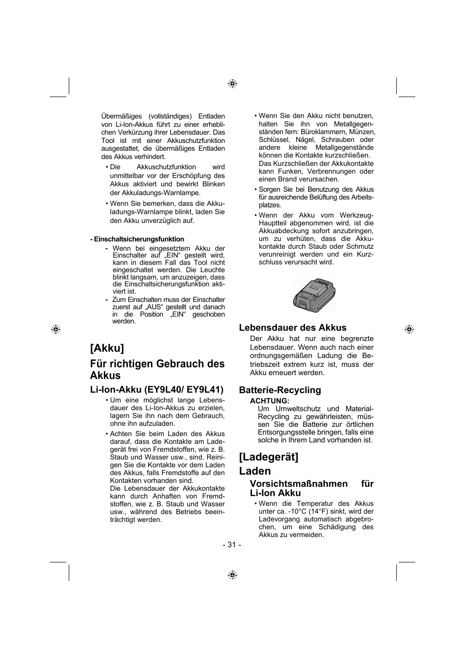 Akku] für richtigen gebrauch des akkus, Ladegerät] laden, Lebensdauer des akkus | Batterie-recycling, Vorsichtsmaßnahmen für li-ion akku | Panasonic EY4640 User Manual | Page 31 / 196