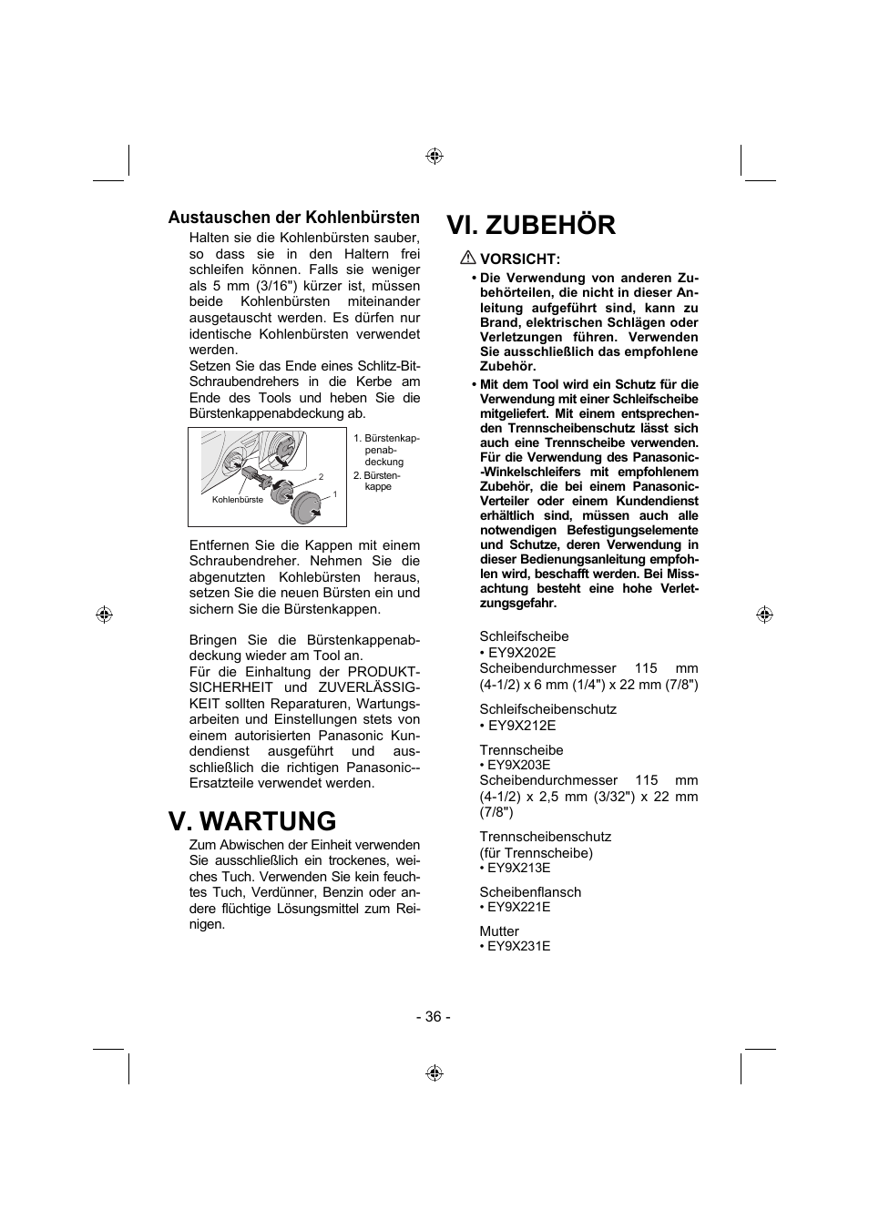 V. wartung, Vi. zubehör, Austauschen der kohlenbürsten | Panasonic EY4640 User Manual | Page 36 / 196