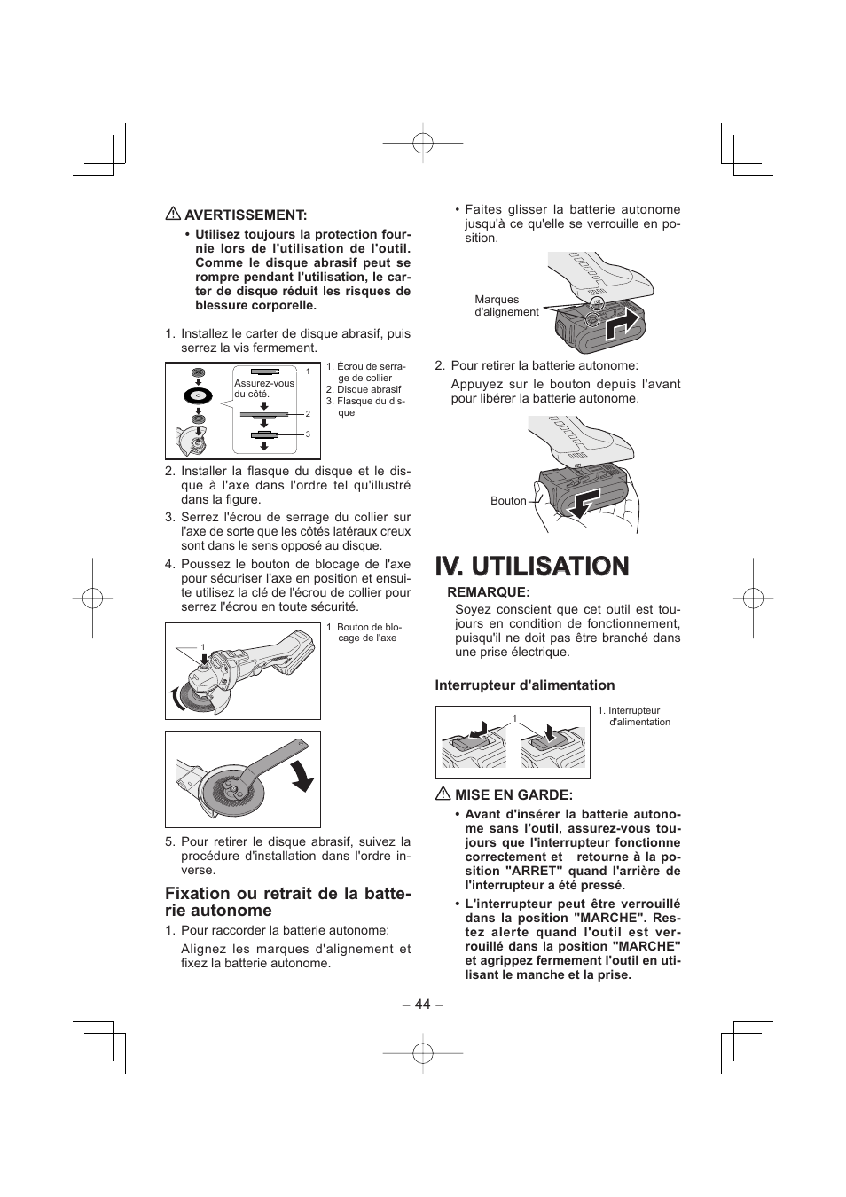 Iv. utilisation, Fixation ou retrait de la batte- rie autonome | Panasonic EY4640 User Manual | Page 44 / 196