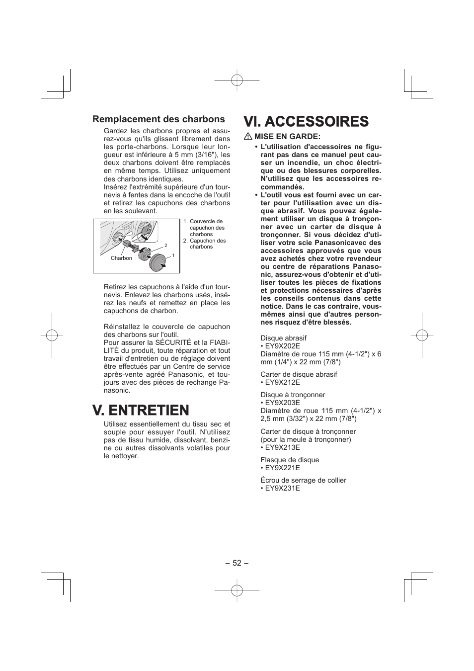 V. entretien, Vi. accessoires, Remplacement des charbons | Panasonic EY4640 User Manual | Page 52 / 196