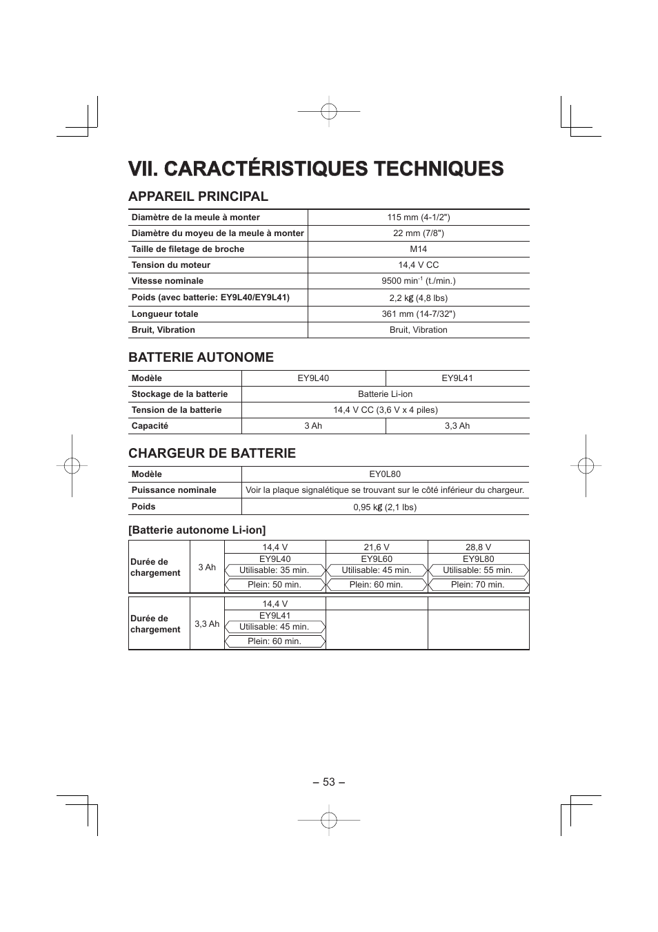 Vii. caractéristiques techniques, Appareil principal, Batterie autonome | Chargeur de batterie | Panasonic EY4640 User Manual | Page 53 / 196