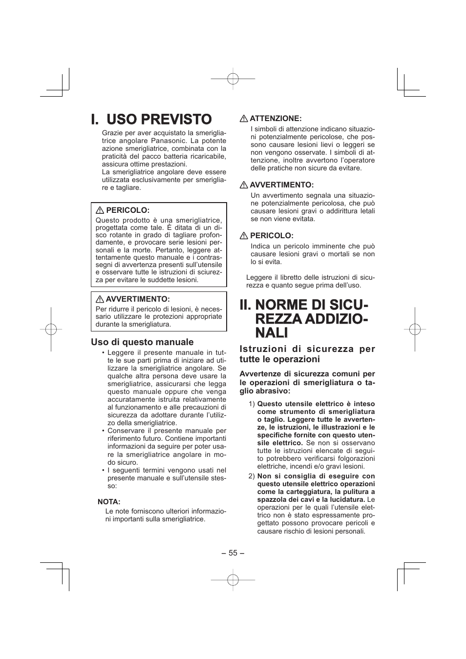 I. uso previsto, Ii. norme di sicu, Uso di questo manuale | Istruzioni di sicurezza per tutte le operazioni | Panasonic EY4640 User Manual | Page 55 / 196