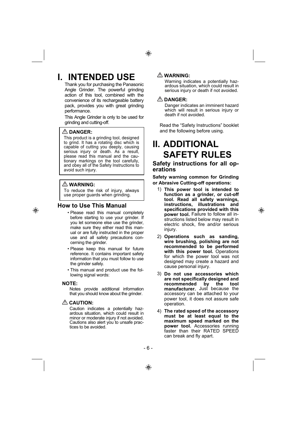 I. intended use, Ii. additional safety rules, How to use this manual | Safety instructions for all op- erations | Panasonic EY4640 User Manual | Page 6 / 196