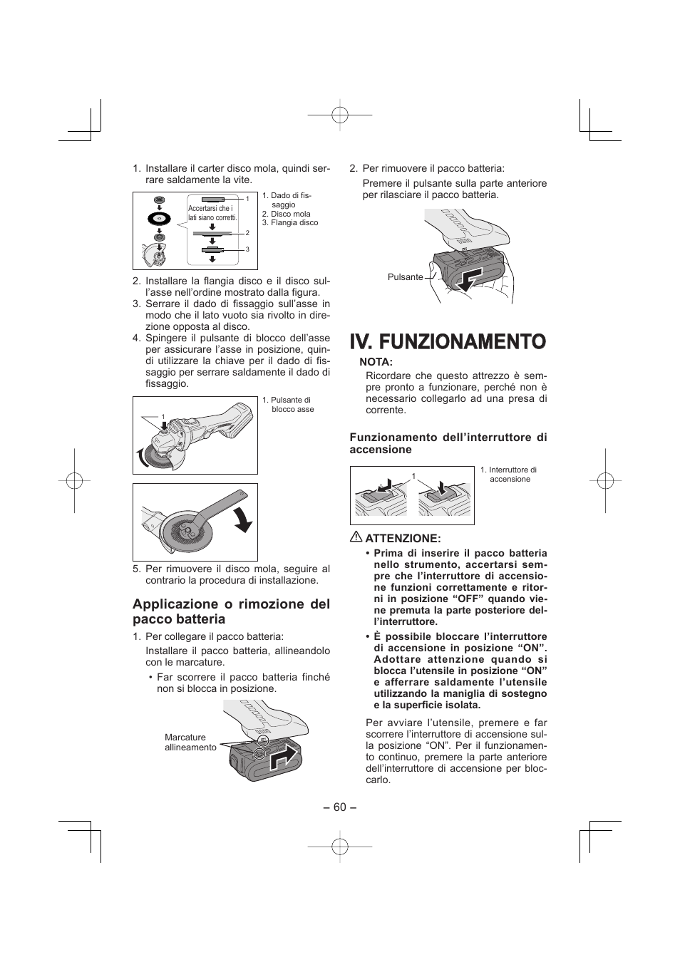 Iv. iv. funzionamento funzionamento, Applicazione o rimozione del pacco batteria | Panasonic EY4640 User Manual | Page 60 / 196